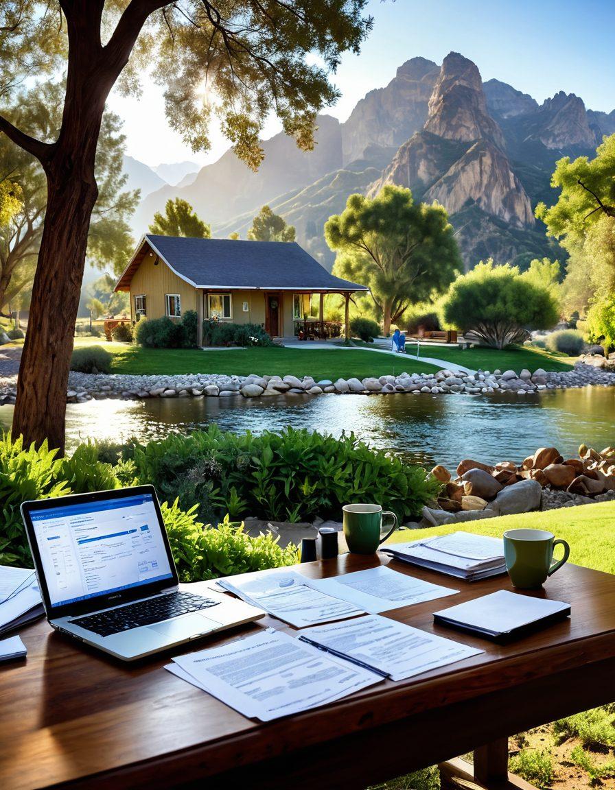 A serene Riverside County landscape featuring a cozy home surrounded by lush greenery and mountains in the background. Include tax-related documents scattered on a wooden table in the foreground, with a laptop displaying tax filing software. Sunlight streaming through leaves, symbolizing clarity and guidance. A friendly family discussing the documents together. super-realistic. vibrant colors. soft focus.